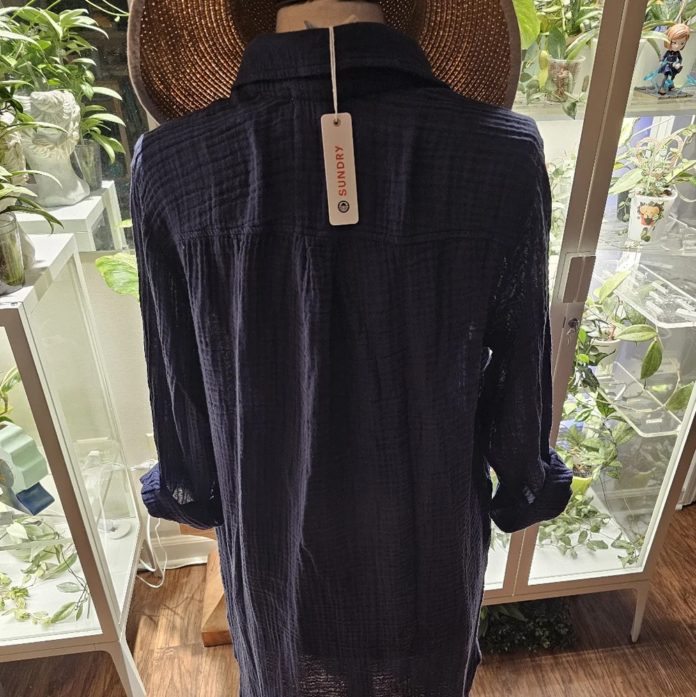 Sundry NWT Navy Blue Cotton Gauzy Navy Shirt Dress With Pockets. XL - Picture 10 of 10
